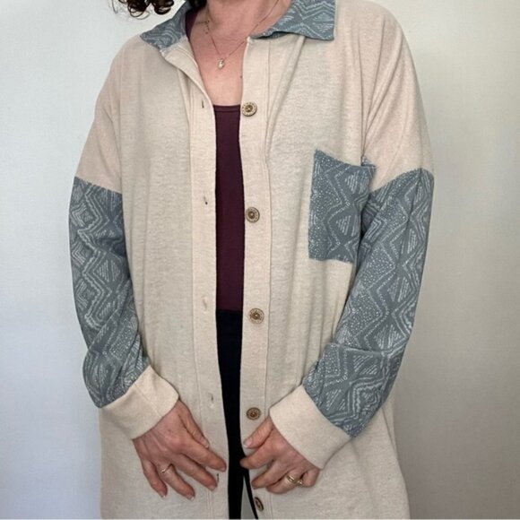 Lovely Melody Button Down Mixed Materials Long Shirt Sz L - Picture 2 of 11